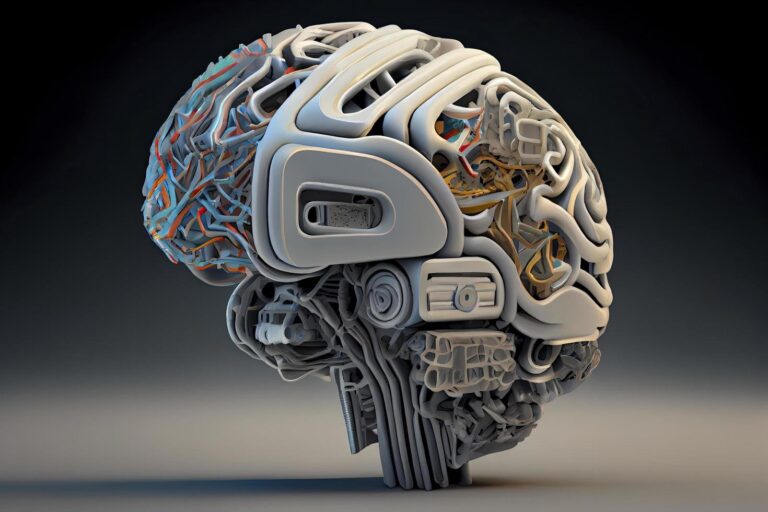 A robot head model with a human brain on it 3d Rendering